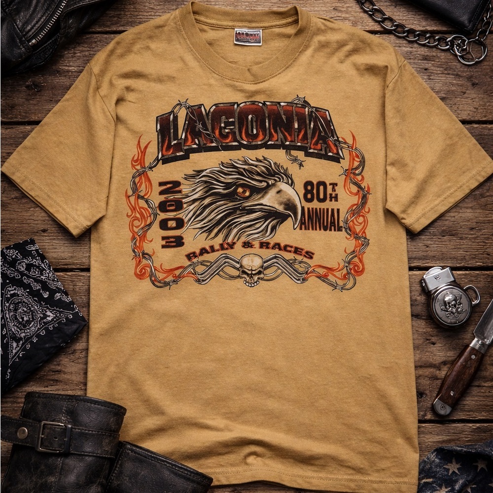 Y2K Vintage Laconia Bike Week Rally Eagle Flames Skull Biker T-Shirt